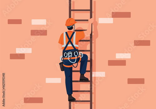 Construction worker in safety harness climbing ladder on brick wall.