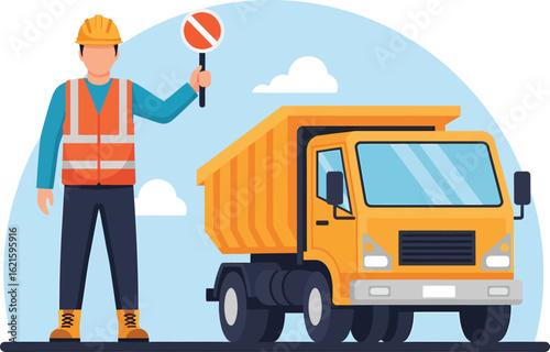 Construction worker with stop sign next to dump truck.