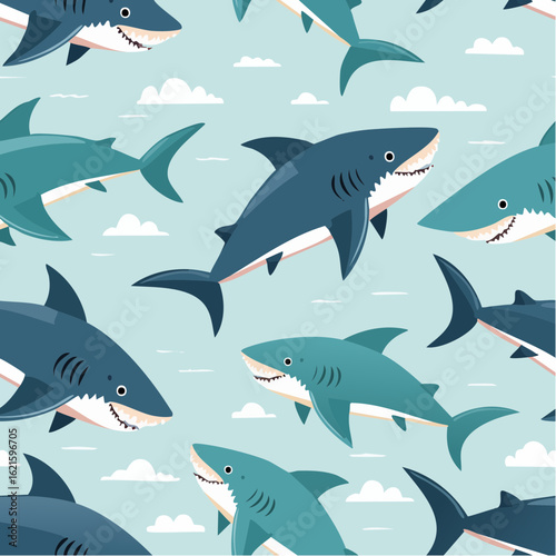 Shark seamless pattern. Hand-drawn vector sharks repeat pattern background.