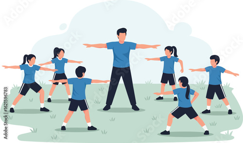 Group of children and an instructor performing exercises outdoors.