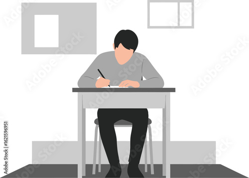 Person sitting at a desk writing with a pen.