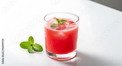 Wallpaper Mural A refreshing, vibrant red beverage chilled with ice and garnished with fresh mint leaves, presented in a clear glass on a clean white surface. Torontodigital.ca