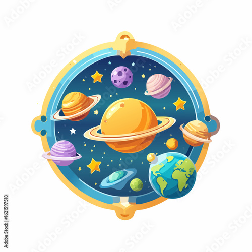Colorful Cartoon Planets and Stars in a Decorative Circular Frame Representing Space
