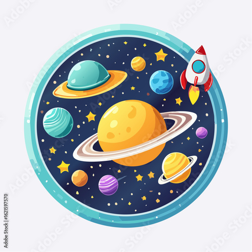 Colorful Cartoon Planets and Rocket in Space Illustration for Children's Books