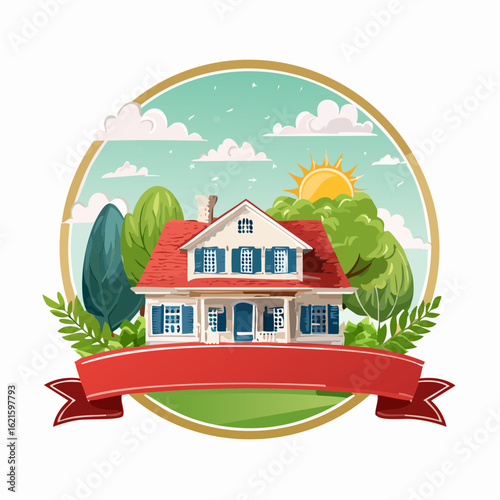 Charming countryside home illustration with vibrant nature scenery and circular frame