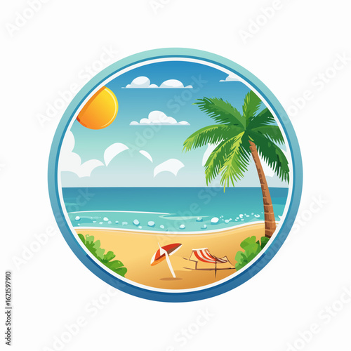 Tropical beach paradise cartoon scene with palm trees and calm ocean waves