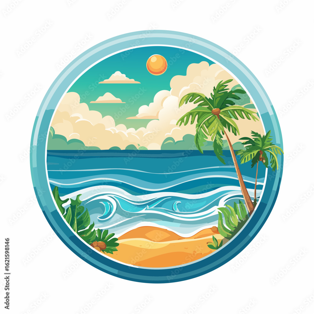 Fototapeta premium Serene tropical beach illustration with palm trees and turquoise ocean view