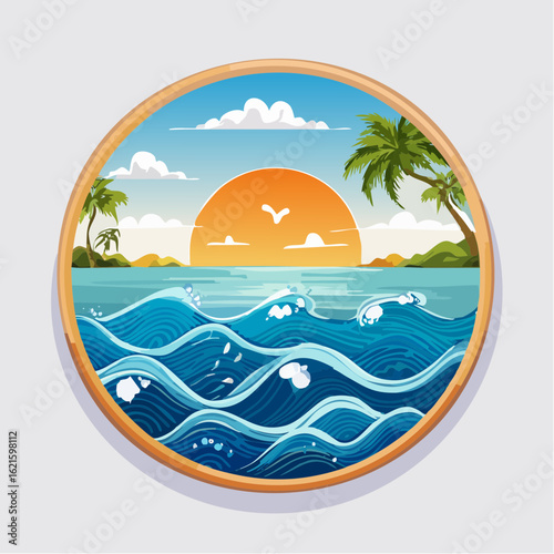 Circular idyllic seaside landscape illustration of a tropical beach at sunset with waves