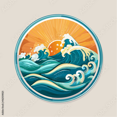 Vintage Inspired Ocean Waves and Sun Illustration with Circular Frame Design Style