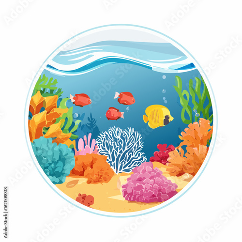 Vibrant underwater world with coral reefs and tropical fish in a circular design
