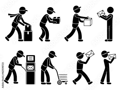 A collection of twelve minimalist icons showing various courier and postal service activities. Stick figures are depicted delivering letters, using mailbags, scanning packages, or inserting mail into 
