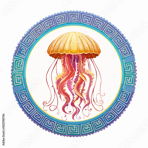 Artistic depiction of a jellyfish inside a decorative circular frame with greek pattern