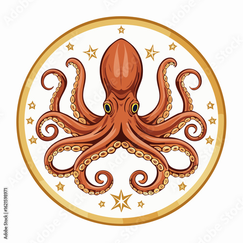 Illustrative octopus emblem featuring celestial stars and a golden circular frame