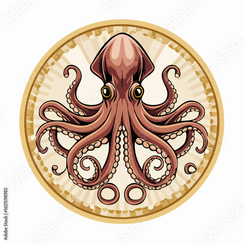 Detailed octopus illustration with tentacles and suction cups on circular gradient backdrop