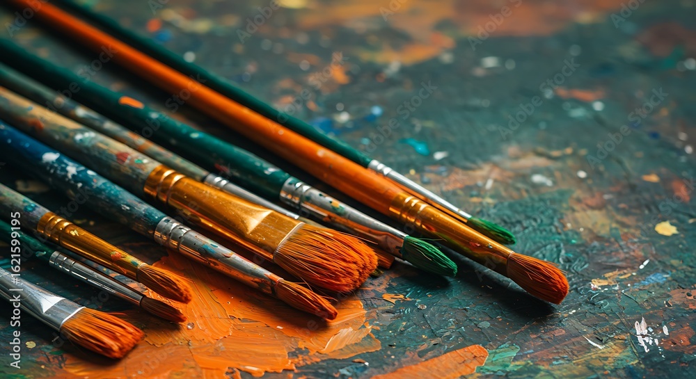 Fototapeta premium A collection of paintbrushes with colorful bristles lying on a splattered, multicolored surface, suggesting artistic activity.