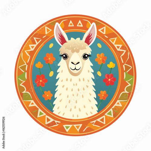 Cute Llama Illustration in a Colorful Circular Frame with Geometric Patterning Around