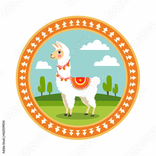 Charming Llama Illustration in a Circular Frame Depicting Andean Culture and Scenery