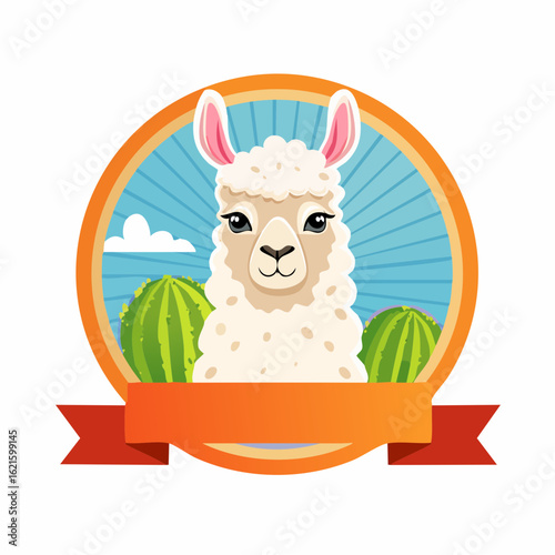 Charming llama illustration with cacti and a playful color palette in a circular frame