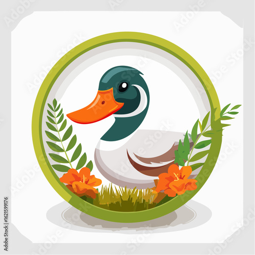 Cartoon duck illustration nestled within a vibrant green circle surrounded by flora