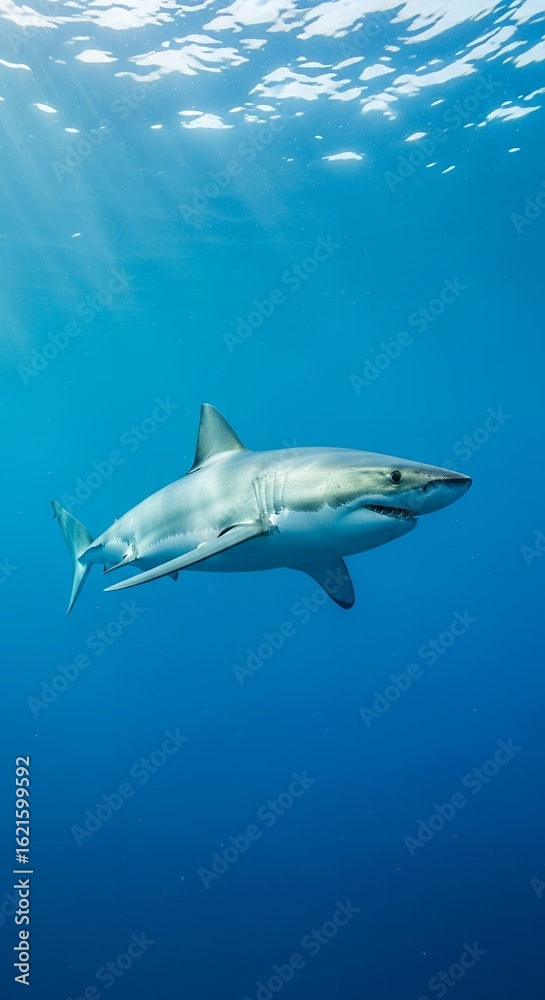 Naklejka premium Majestic Great White Shark Underwater: Sunlit Ocean Depth