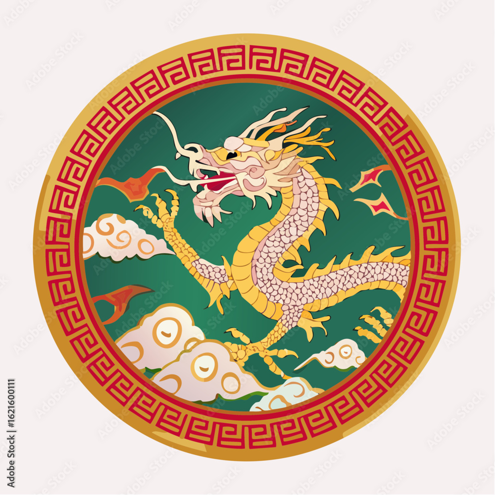 Obraz premium A Majestic Golden Dragon Encapsulated within a Decorative Circle Symbolizing Chinese Art