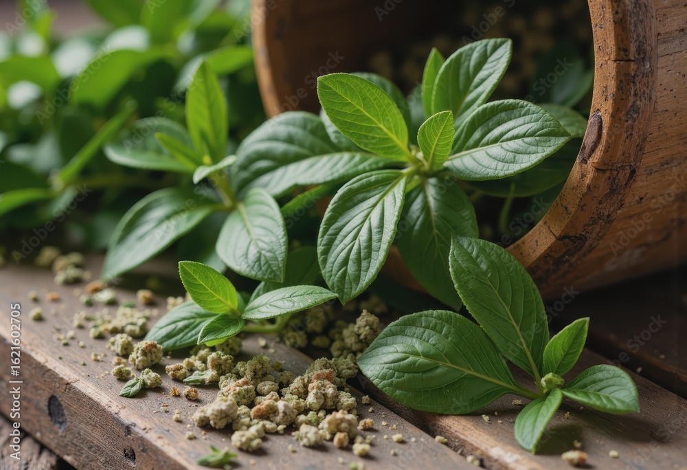 Fresh oregano leaves crumbling with dried herb particles and aromatic dust Fresh oregano leaves crumbling with dried herb particles and aromatic dust