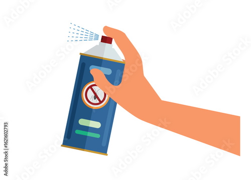 Hand spraying insect repellent sprayer from its bottle. Simple flat illustration.