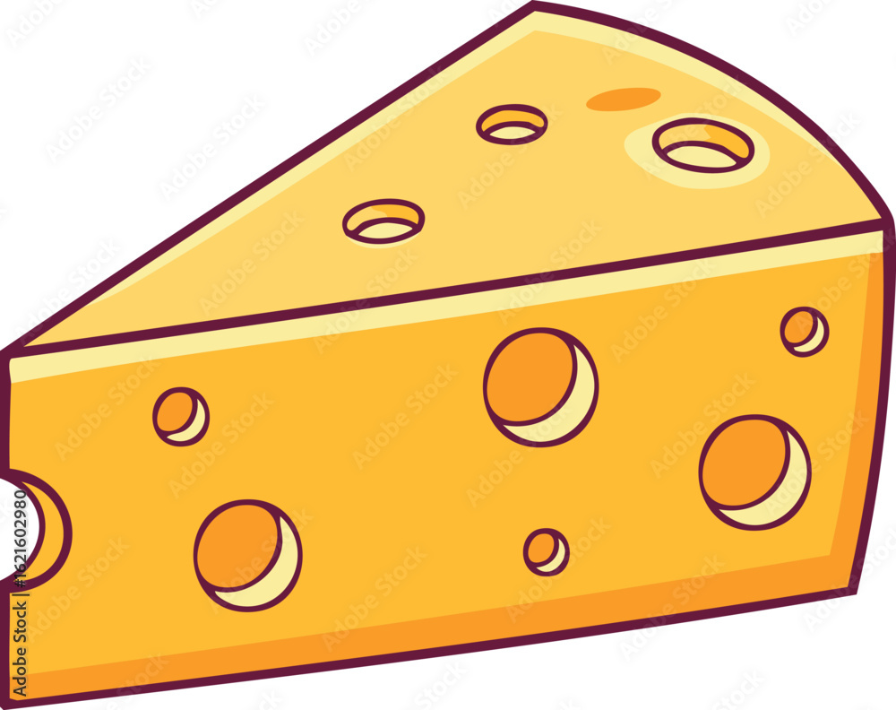 Fototapeta premium A cartoon illustration of a triangular cheese wedge with multiple holes and a yellow color.