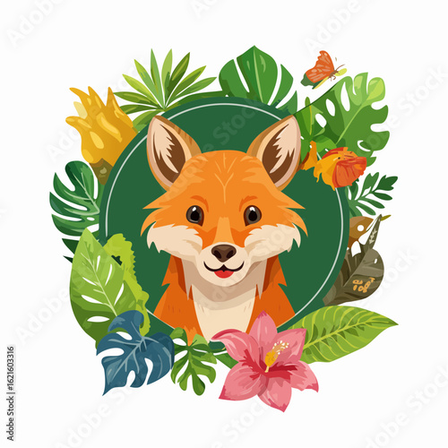 Cartoon fox surrounded by tropical plants creating a colorful and vibrant scene