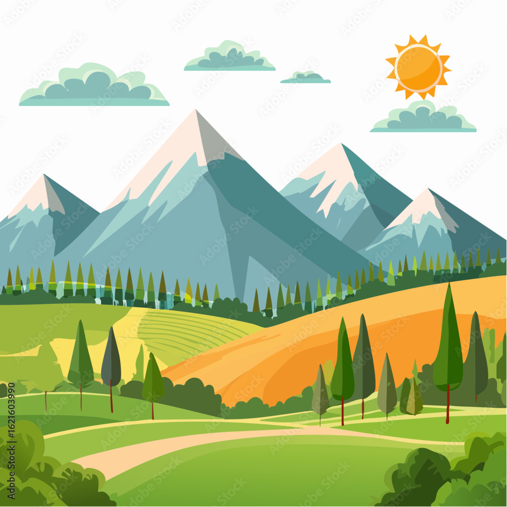 Obraz premium Tranquil Mountain Landscape: A Serene Cartoon Illustration of Nature's Beauty and Peacefulness