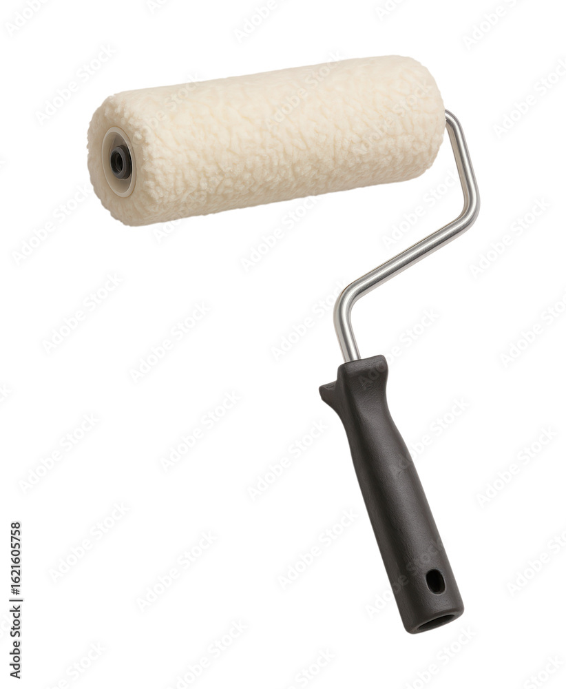 Fototapeta premium A standard paint roller tool with a new, clean, fluffy nap cover on a metal frame and a black plastic handle, Isolated on Transparent and White Background