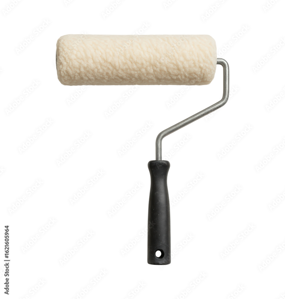 Fototapeta premium A clean, new paint roller with a thick, fluffy nap cover on a metal frame with a black handle, Isolated on Transparent and White Background
