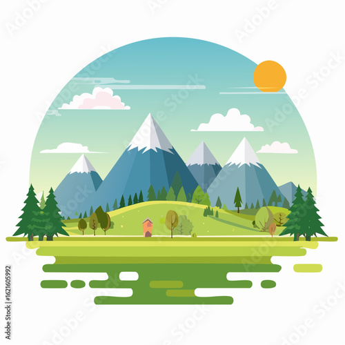 Serene Mountain Landscape with Lush Greenery and Clear Skies in a Circular Frame