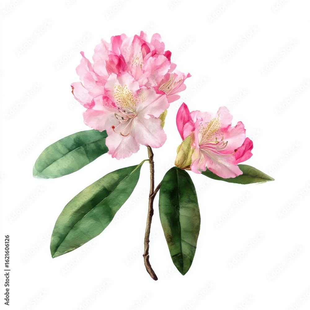 Obraz premium Watercolor painting of a pink rhododendron flower branch isolated on white background