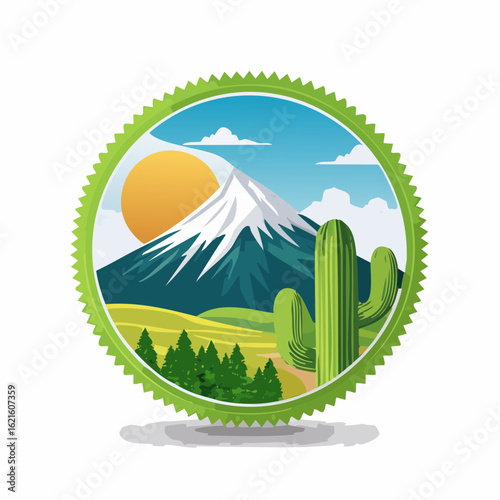 Majestic mountain landscape with a radiant sun and iconic cactus scenery in a circle