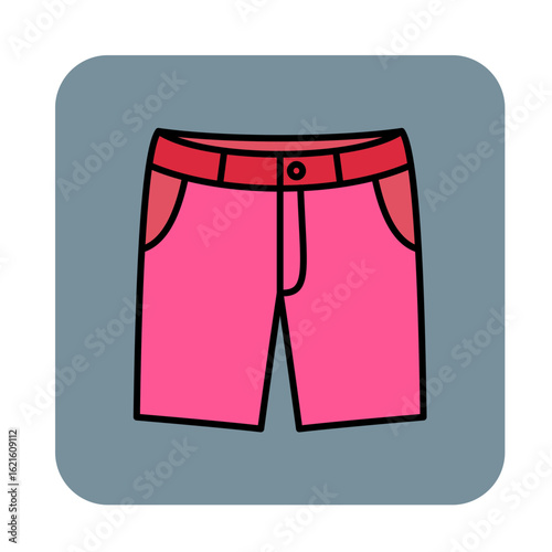 Colorful flat design icon featuring pink shorts with red accents. This vector graphic symbolizes summer wear, casual fashion, and clothing.