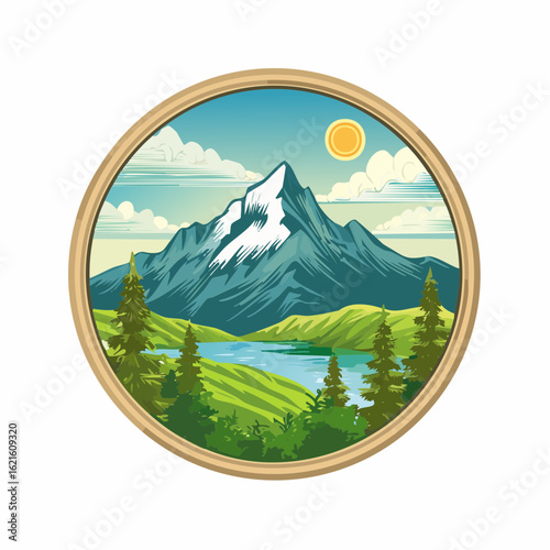 Circular Mountain Landscape: A serene and stylized depiction of nature's grandeur and beauty
