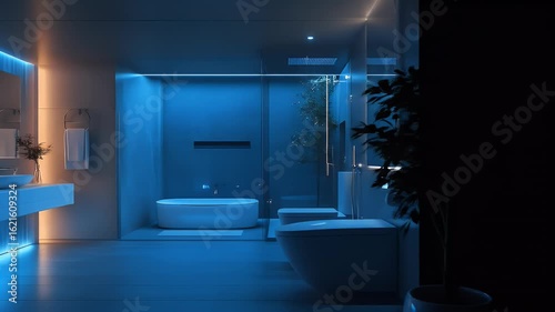 Stylish modern bathroom with contemporary design and blue led lighting