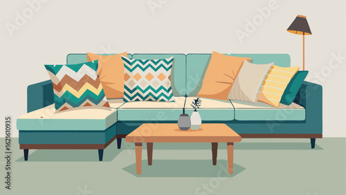 A sitting area with a large plush sectional sofa adorned with throw pillows in different textures and patterns and a reclaimed wood coffee table.