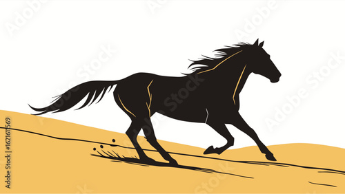 Silhouette of a Black Horse Running on Sand Dunes in a Desert Landscape