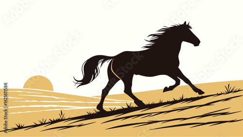 Silhouette of a Galloping Horse Against a Sunset Background in a Desert
