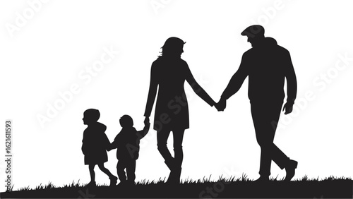 Silhouette of a Family Holding Hands While Walking in Nature on a Sunny Day