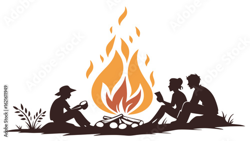 Silhouetted Friends Gathered Around a Warm Campfire Under Evening Sky