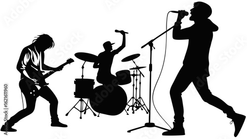 Silhouetted Rock Band Performing on Stage During a Live Music Concert
