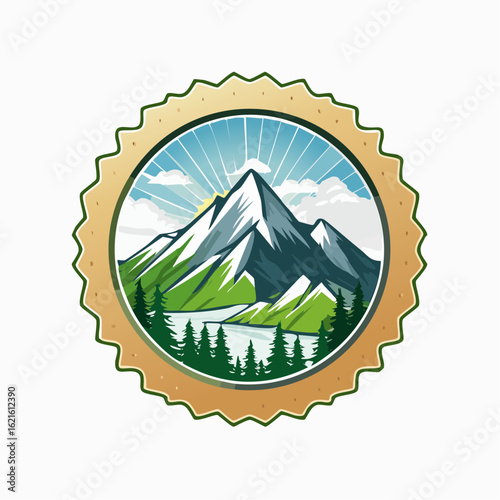 Majestic Mountain Peak Landscape with Lush Greenery and a Serene Lake, Framed in Golden Emblem