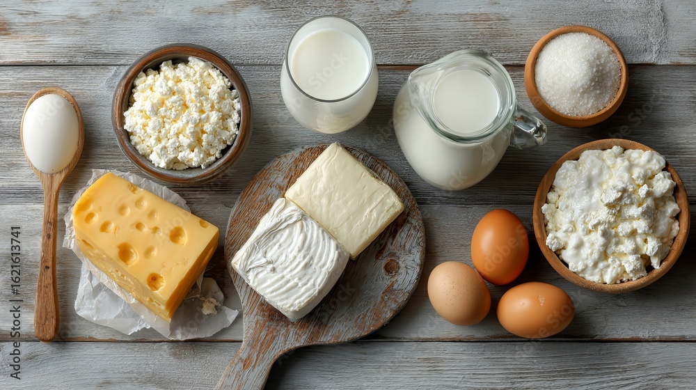 Fototapeta premium Assorted Dairy Products and Eggs on Rustic Table