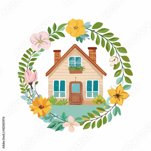 Charming cottage nestled within a lush floral wreath evoking serenity and homey tranquility