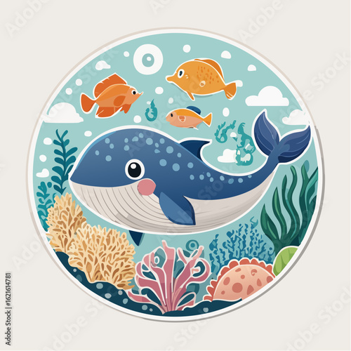 Cute cartoon whale swimming in the ocean surrounded by fish and coral reefs artwork