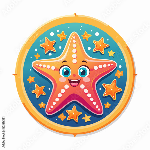 Cute starfish character surrounded by sea stars in a vibrant circular frame illustration