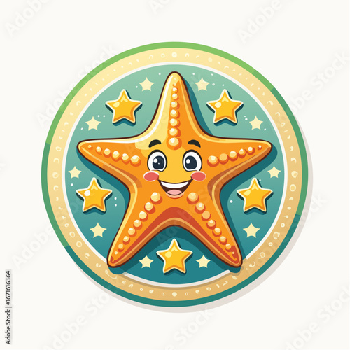 Charming starfish cartoon character surrounded by smaller stars on a colorful badge design